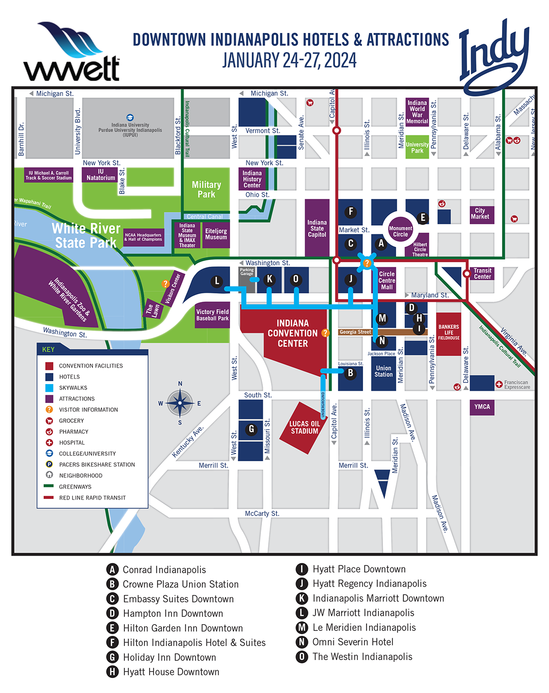 Map of Indy downtown hotels and attractions