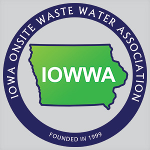 circular logo of Iowa onsite waste water association founded in 1999 logo has a green image of Iowa in the center with a blue outer circle and grey center