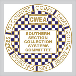 Southern section collection systems committee logo center is a checker board of small squares blue and white with gold edging