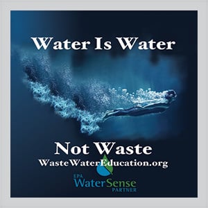 Water is Water Not Waste Waste Water Education logo has an image of deep water with someone swimming bubbles and waves trailing the swimmer