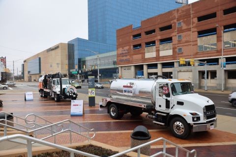 pumper trucks in outdoor displays outside of the Indiana Convention Center
