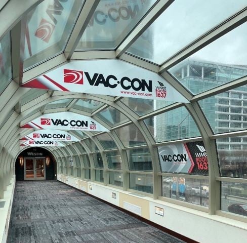 banners in the westin skywalk hanging from arched ceiling