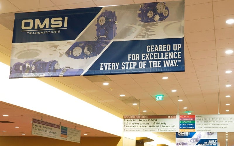 official transmission sponsor banner hanging in the Hoosier lobby at the Indiana convention center